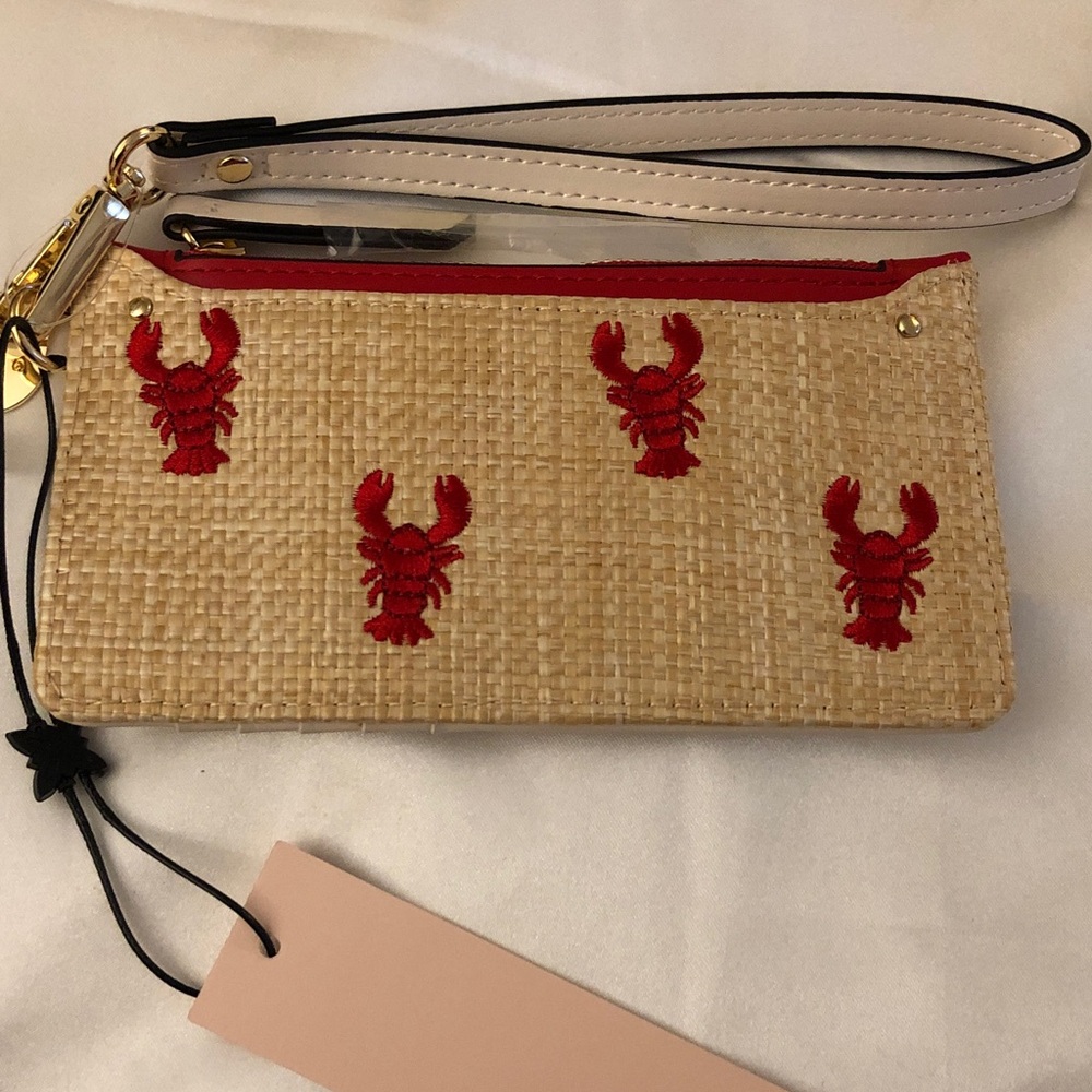 BCBG Generation Natural Color Straw Card Wallet Red Embroidered Lobsters NWT - Picture 4 of 16